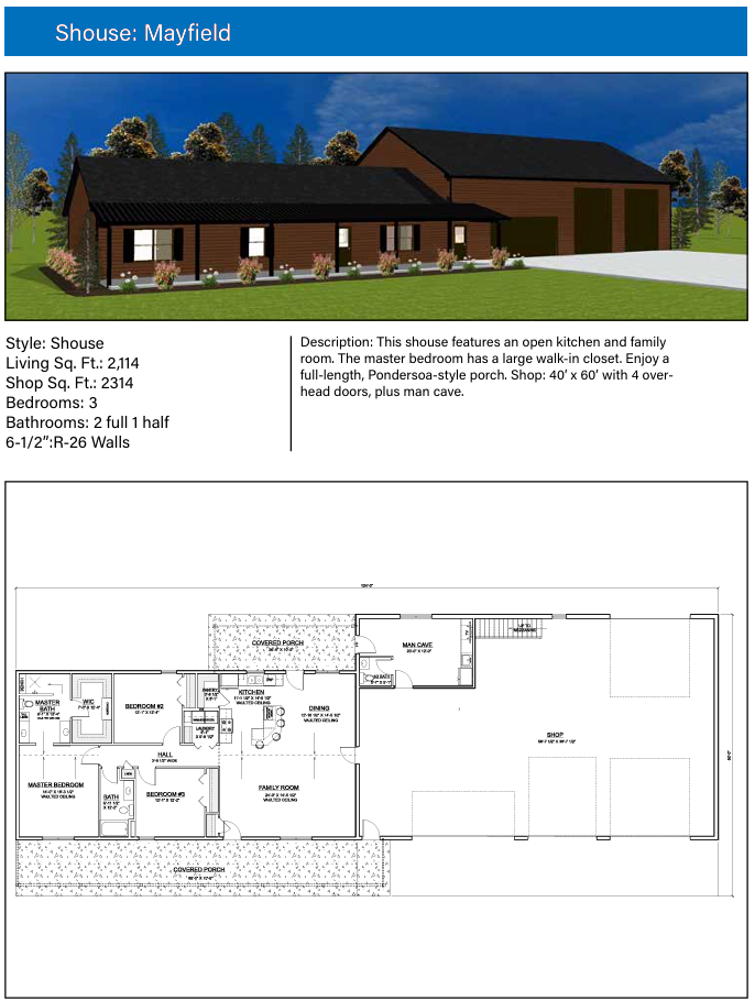 A professional design sheet for the "Mayfield," a rustic-style Shouse (Shop + House). The image features a realistic exterior rendering, a list of technical specs, and a detailed floor plan.