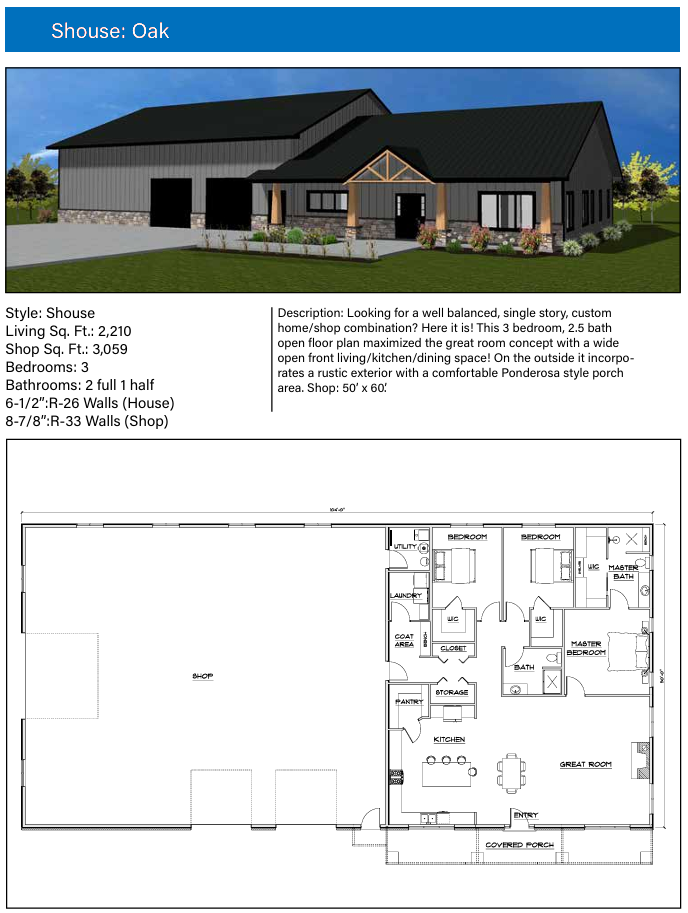 A design presentation for the "Everly" ranch home, featuring a 3D rendering of a beige and stone exterior with a welcoming front porch.