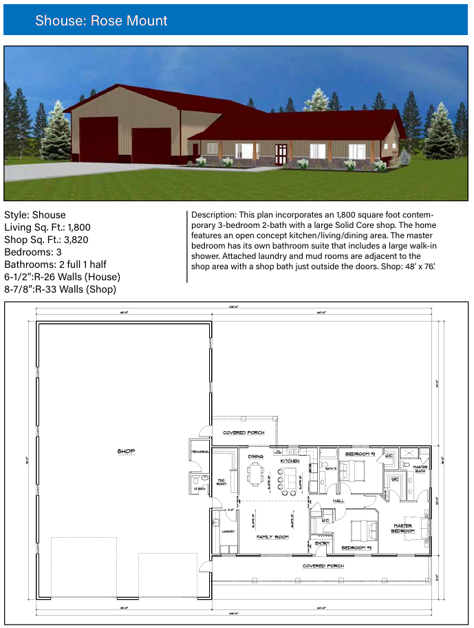 This image presents the "Rose Mount," a hybrid residential and industrial "shouse" design. It combines a spacious professional-grade shop with a modern 3-bedroom living area. The layout features an exterior 3D render, technical specifications, and a detailed floor plan.