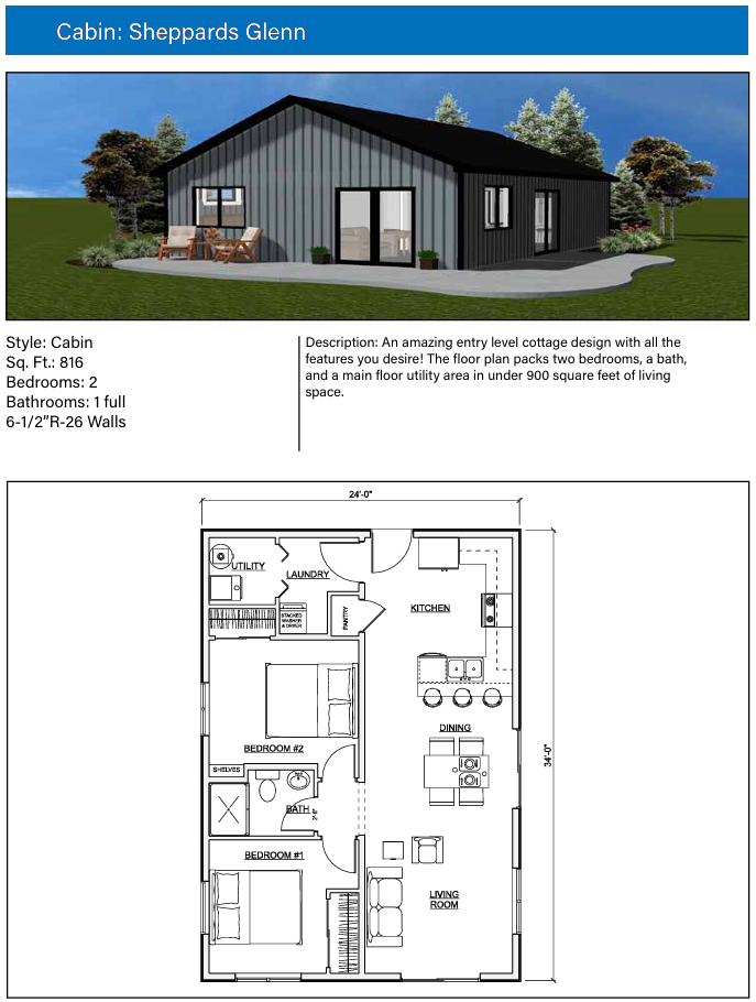 Cabin "Sheppards Glenn" architectural design featuring an 816 sq. ft. 2-bedroom floor plan, a 3D exterior render with dark vertical siding, and a spacious 24' x 34' layout.