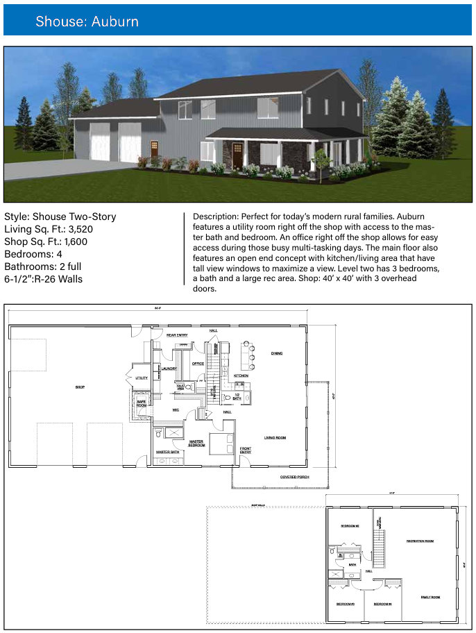 A comprehensive presentation of the "Auburn" model, a large-scale two-story shouse designed for modern rural living. The image includes a contemporary 3D exterior rendering, technical home specifications, and detailed floor plans for both levels.