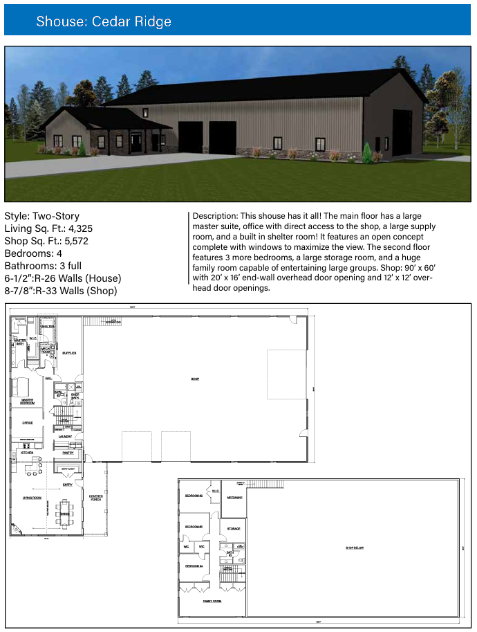 A detailed architectural design sheet for the "Cedar Ridge," a massive two-story hybrid building. This model is a "Mega-Shouse" that balances an expansive 4,000+ sq. ft. residence with a high-capacity industrial shop.