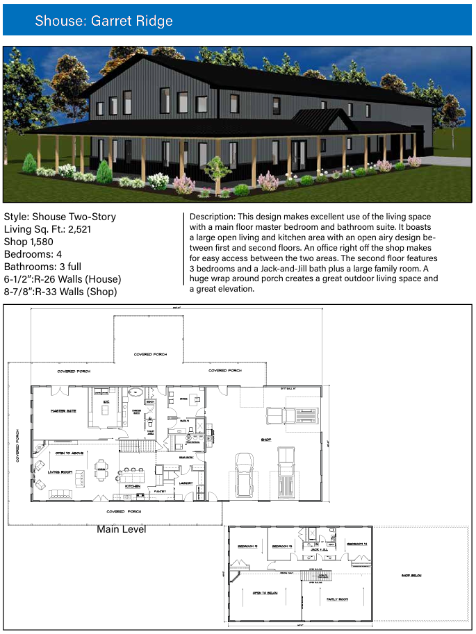 A comprehensive architectural sheet for the "Garret Ridge," a modern two-story residential home integrated with a large workshop. The layout features a dark-themed exterior 3D render, technical specifications, and floor plans for both levels.