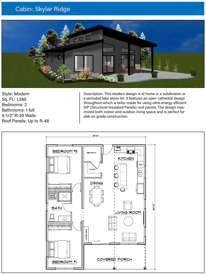 "The Retreat" ADU and Tiny Home plan featuring a 672 sq. ft. 2-bedroom floor plan, a 3D exterior render with dark siding and wood accents, and detailed architectural specs.