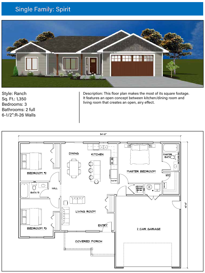 "Spirit" Single Family ranch-style home plan featuring a 1,350 sq. ft. 3-bedroom layout, 3D exterior render with grey siding and a 2-car garage, and a detailed 2D architectural floor plan.