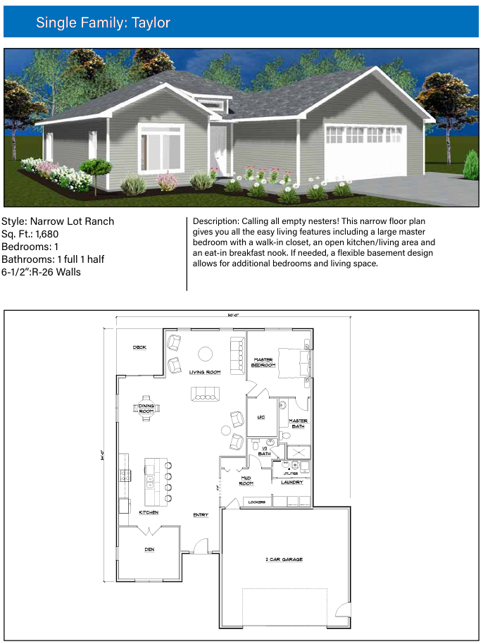 Baylee short lot ranch house plan featuring a 1,467 sq. ft. 3-bedroom layout, a main-floor laundry room, and an open great room design.