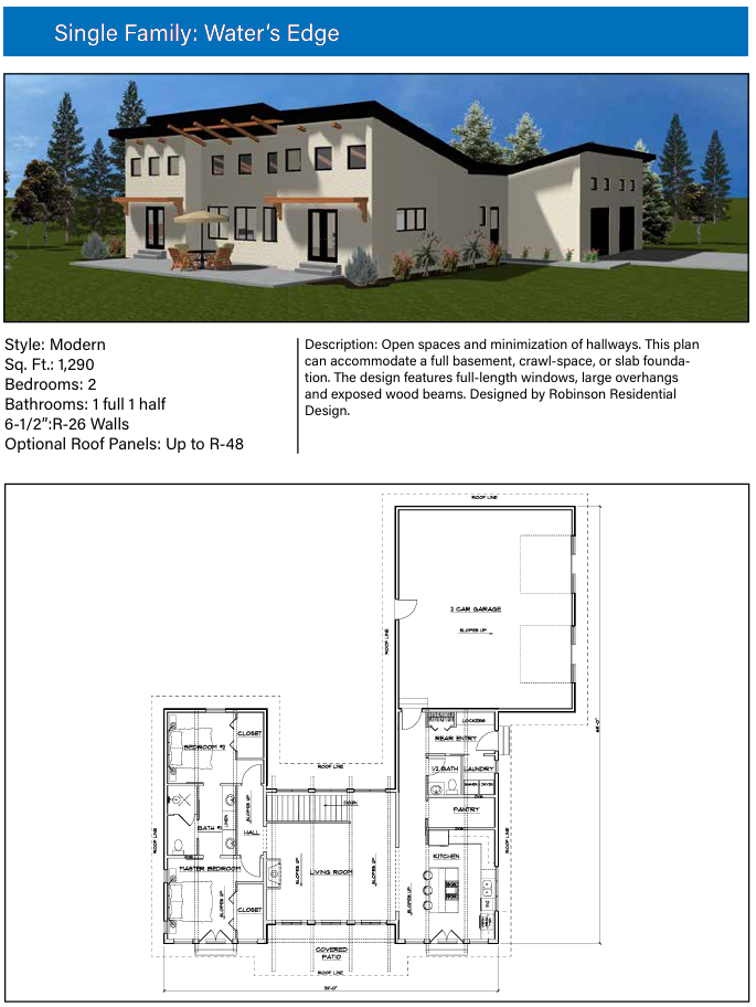 An architectural specification sheet for "Water's Edge," a sleek, modern residential home. The graphic features a minimalist 3D exterior rendering, core building specifications, and a detailed overhead floor plan.